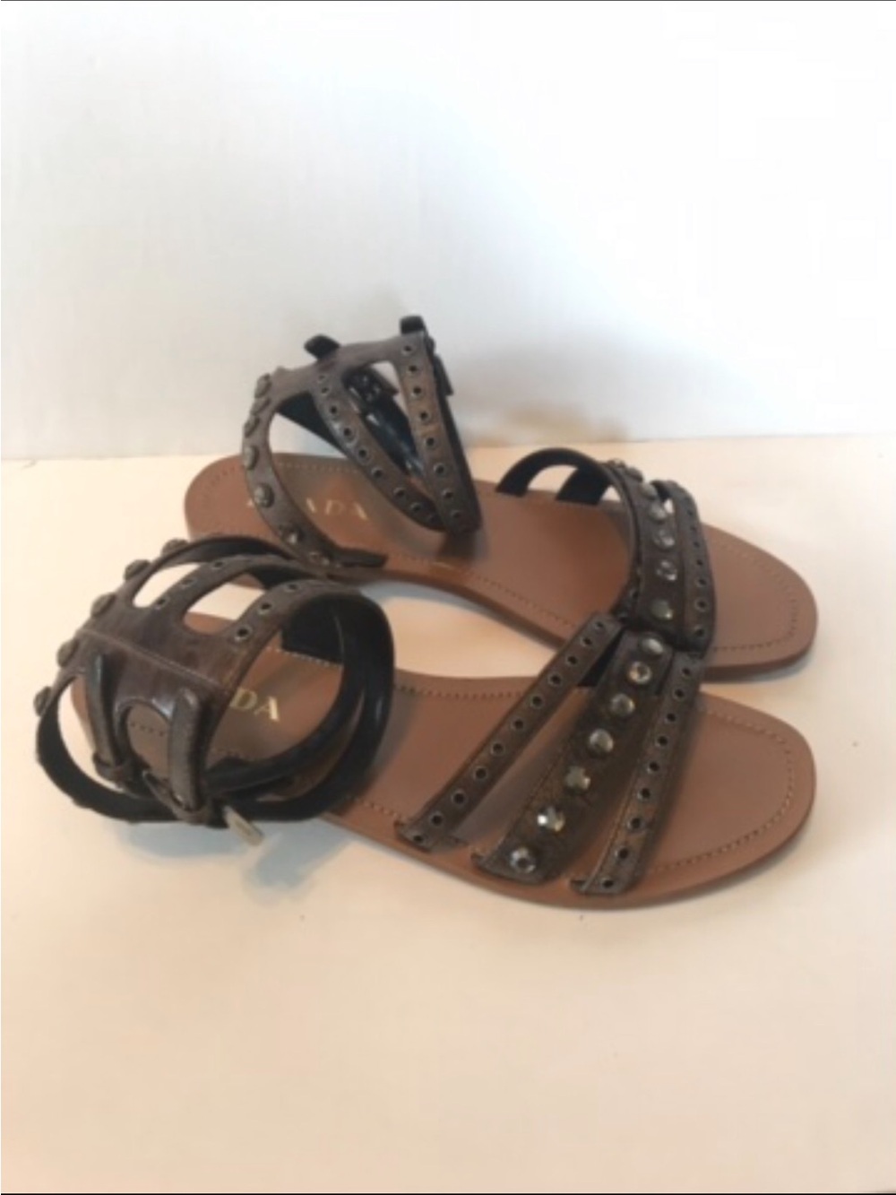 Prada Brown Leather Stud-Embellished Strappy Sandals